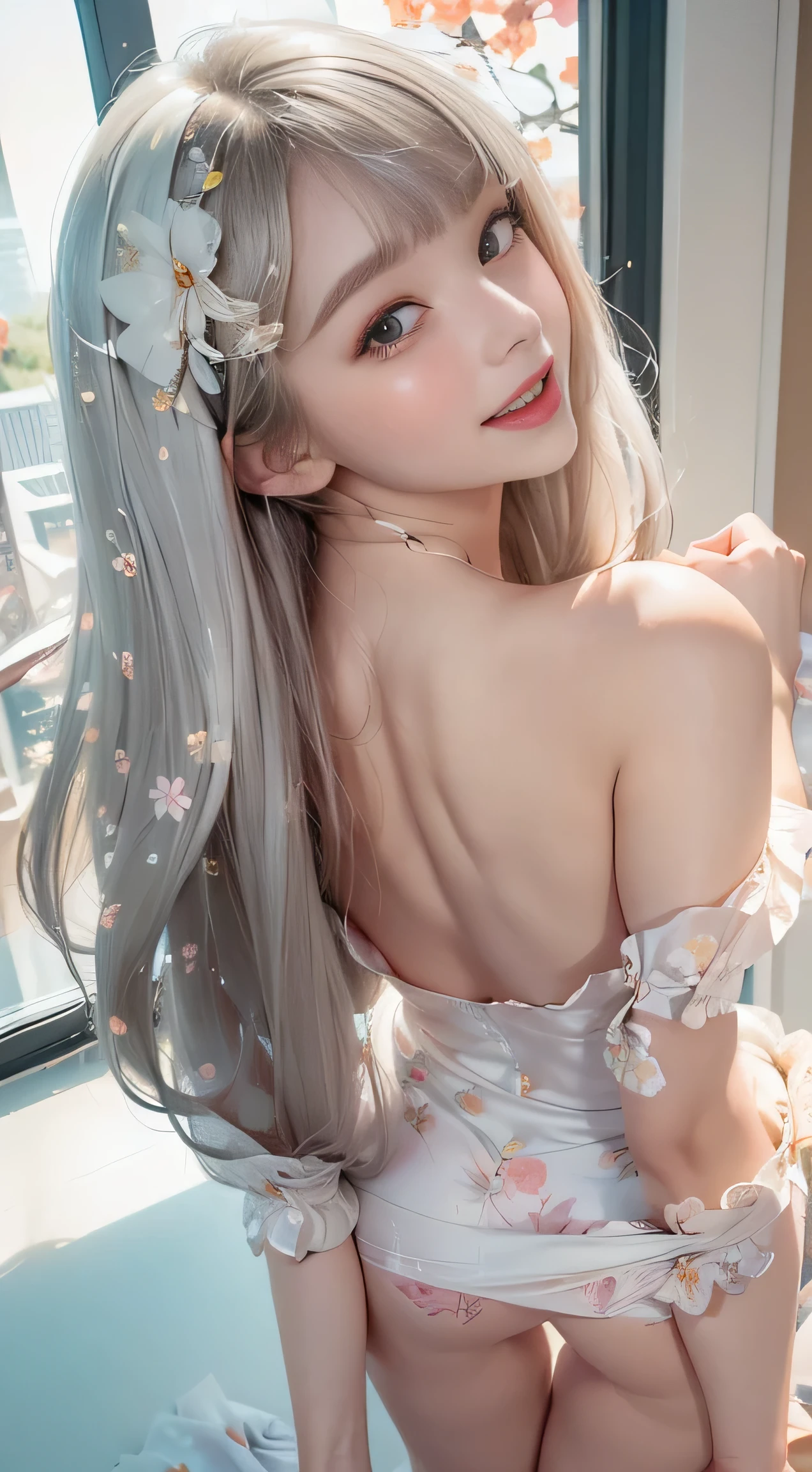 ((Girl getting on all fours in office)),(((posterior view)))、 Silver hair, Bangs, Blunt bangs, Long straight hair, aqua eyes, longeyelashes, Solid Circle Eyes, makeup, Open mouth, blush, Parted lips, Bright pupils, smiley, Seductive smile, glint, surrealism, Modern、Black pantyhose、high-heels、((Pure white dress、Floral dress、、off shoulders、up skirt: 1.6))、Skyscrapers are hazy in the windows、mix4、((Black lace panties))、((stick out buttocks))、Provocative、
