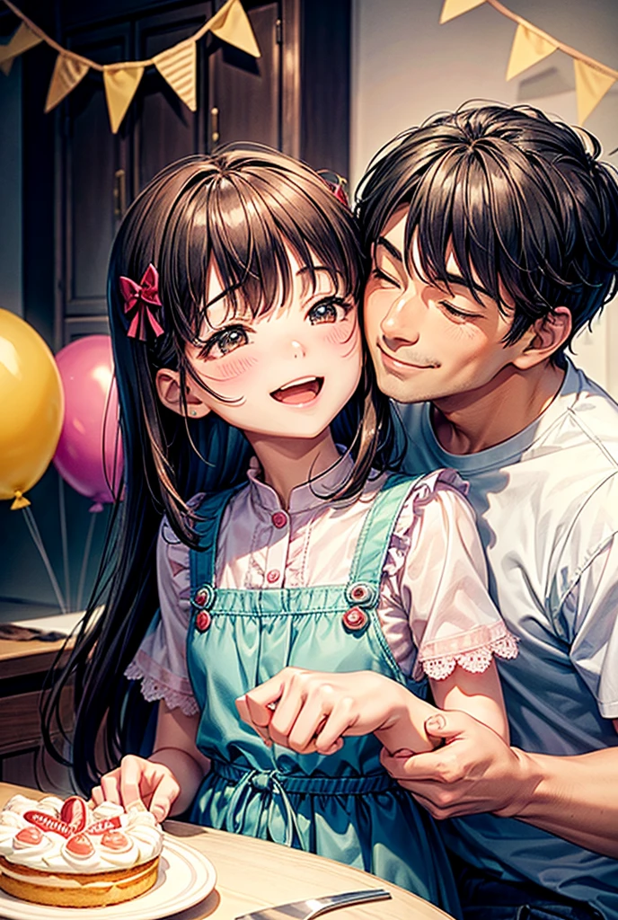 A father and his five-year-old daughter celebrating a birthday together、Heartwarming illustrations。My father was clean shaven、She has a clean-cut face.、She has short, asymmetrical brown hair.。With his father in a casual shirt、My daughter、Surrounded by a beautifully decorated birthday cake。The candles on the cake are glowing warmly、The father sits next to his daughter、He has a gentle smile on his face。My daughter has a little ribbon in her hair.、Dressed in lovely festive clothing、She is smiling broadly as she looks at the cake.。The illustrations have a soft and warm atmosphere.、Drawn in pastel colors and soft lines.。There are balloons and decorations in the background.、There is a fun and celebratory mood。The overall image is、Affectionate、Joyful、Heartwarming scene