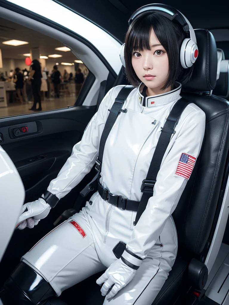 Japanese female android,Black Hair,Apollo spacecraft,The person is completely secured in the seat with the backrest reclined by a thick harness belt.,Plump,Spread your legs,Squat,Shiny white robot suit,Surrounded by switches and monitors,A helmet that completely covers the head,