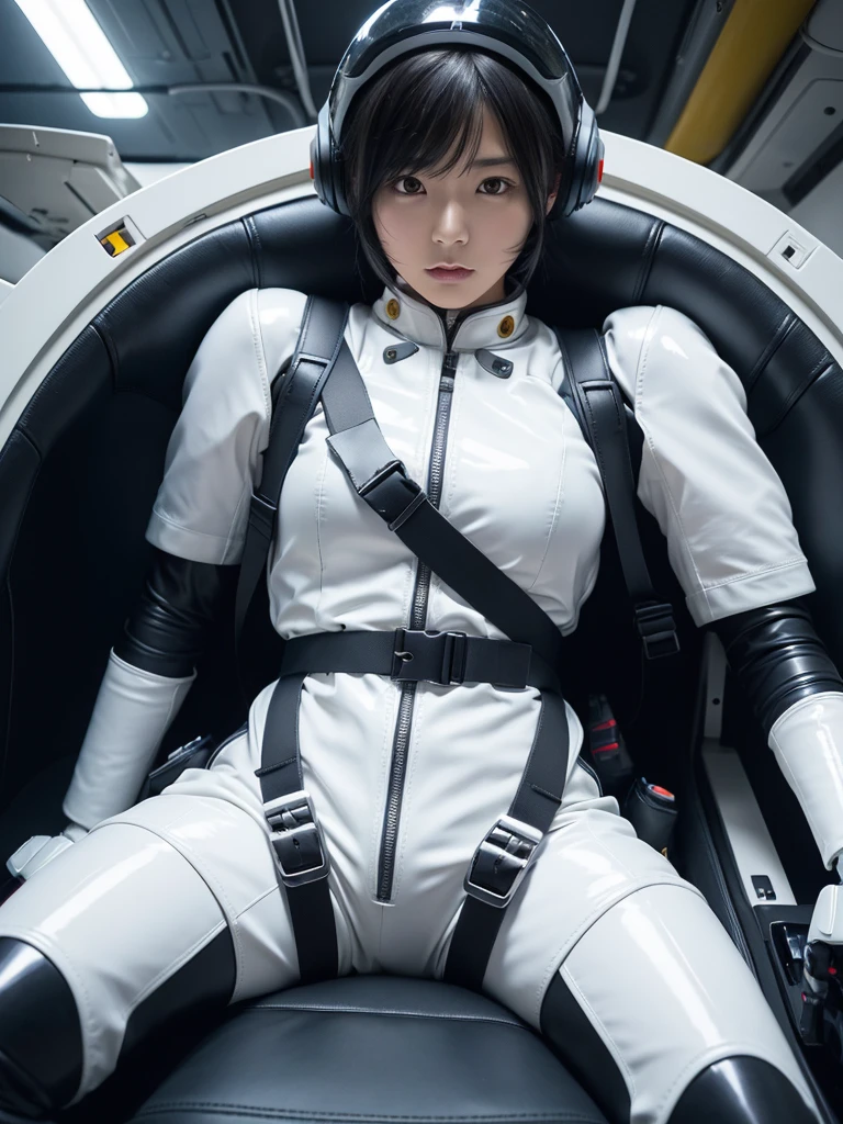 Japanese female android,Black Hair,Apollo spacecraft,The person is completely secured in the seat with the backrest reclined by a thick harness belt.,Plump,Spread your legs,Squat,Shiny white robot suit,Surrounded by switches and monitors,A helmet that completely covers the head,