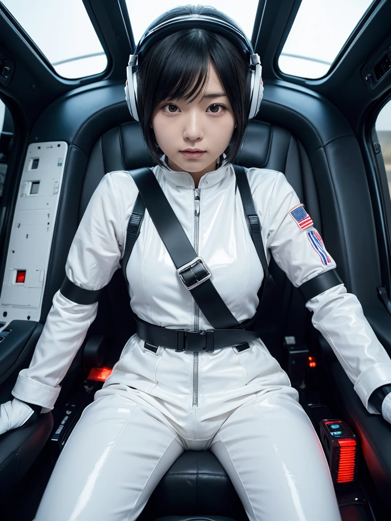 Japanese female android,Black Hair,Apollo spacecraft,The person is completely secured in the seat with the backrest reclined by a thick harness belt.,Plump,Spread your legs,Squat,Shiny white robot suit,Surrounded by switches and monitors,A helmet that completely covers the head,