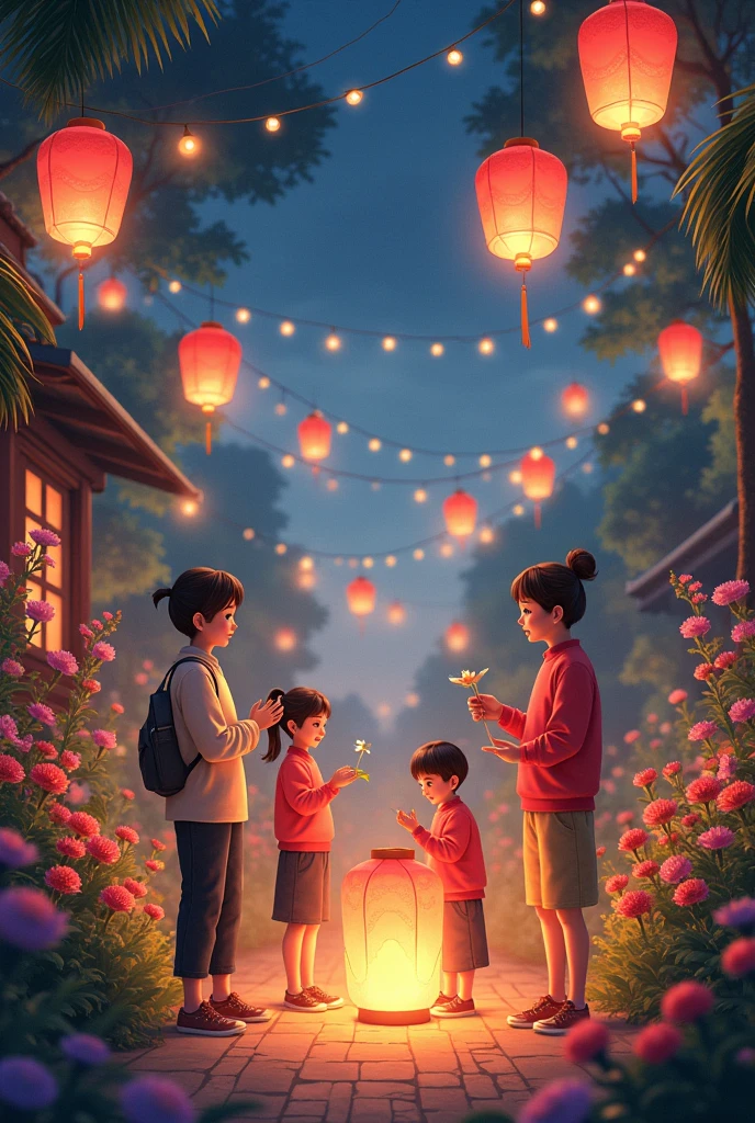 . The Garden Celebrates:
The garden becomes alive with celebration. The villagers, enchanted by the garden's beauty, share in the joy, making the Lantern Festival even more special.