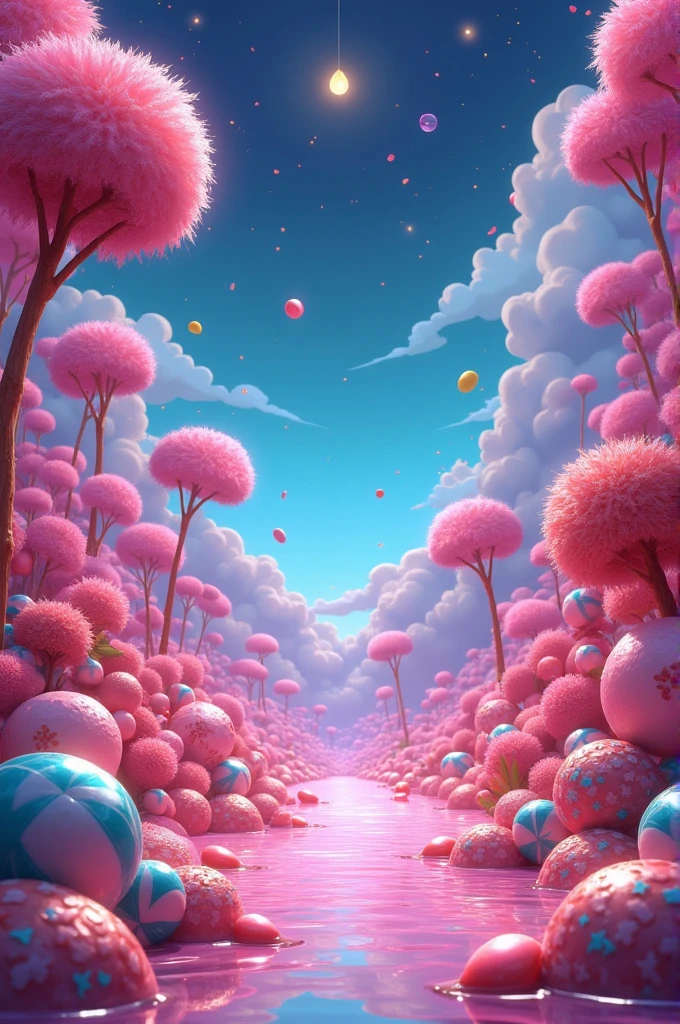 Create a 2d image from the 80s, make it with a candy-filled theme with a free space in the middle