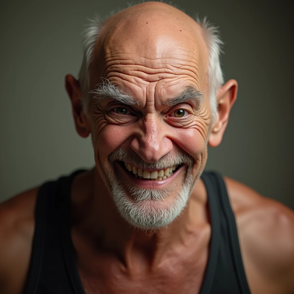 An old man with one eye narrowed and a nasty expression(Tank top、Close-up of face): "A detailed and realistic close-up of an elderly man with a bald head, wearing a tight tank top, narrowing one eye as he gives a sly, lecherous smile. His expression is teasing and full of playful mischief, with the background softly blurred to emphasize his suggestive and slightly cheeky demeanor."