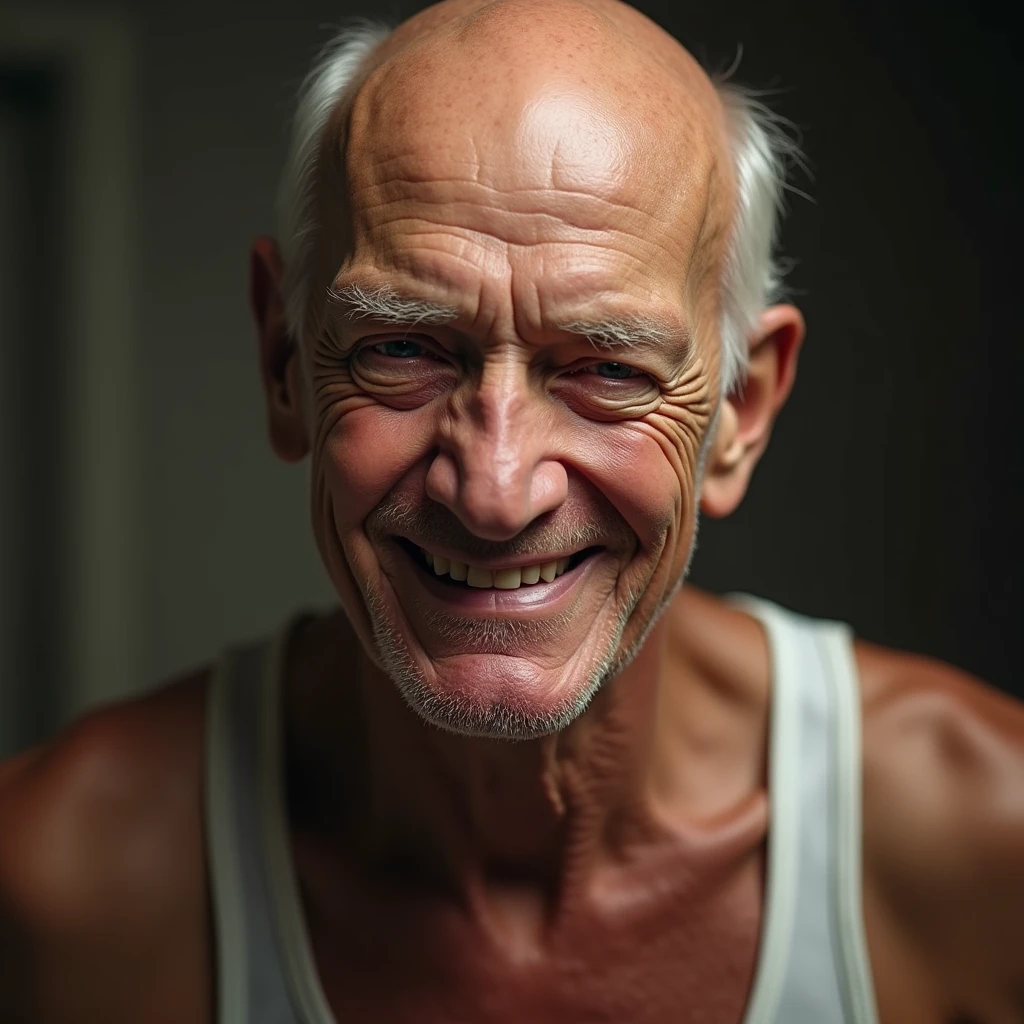 An old man with one eye narrowed and a nasty expression（Tank top、Close-up of face）: "A detailed and realistic close-up of an elderly man with a bald head, wearing a tight tank top, narrowing one eye as he gives a sly, lecherous smile. His expression is teasing and full of playful mischief, with the background softly blurred to emphasize his suggestive and slightly cheeky demeanor."