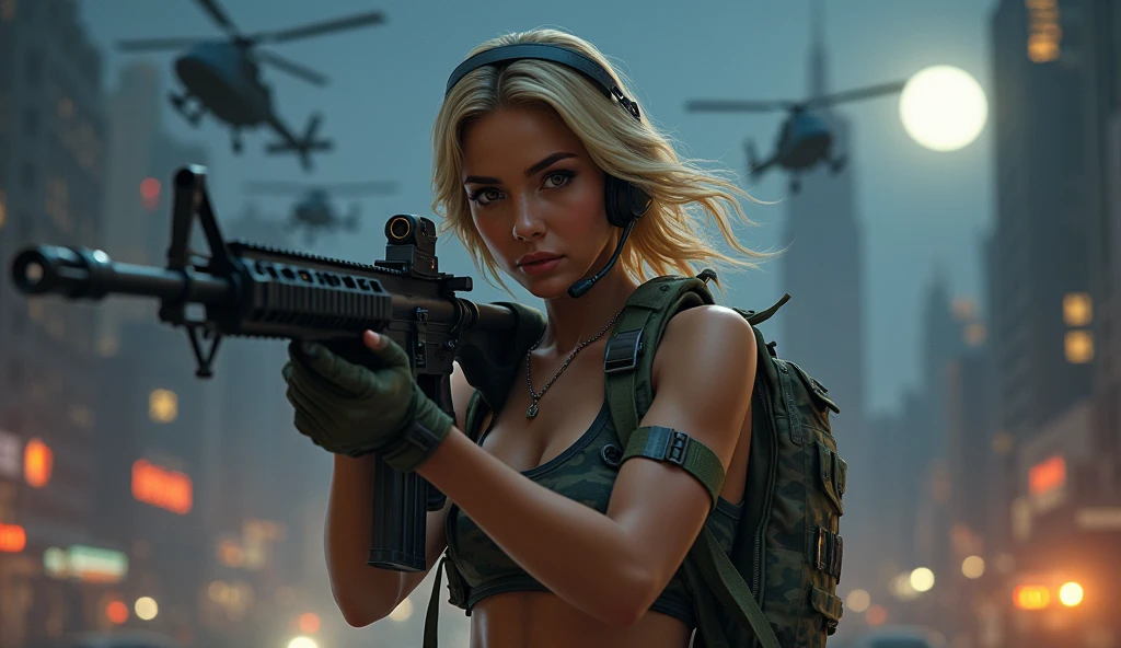 Realistic、Photorealistic、Realistic skin texture、Photo quality、high resolution、High definition、Beautiful arabian girl、The upper body is wearing a camouflage bra top.、Youthful Looking Face、Manhattan night view、Very beautiful 1 female soldier、Carrying a military backpack、Wearing a bulletproof vest、Aiming an M4 automatic rifle、Shooting a realistic sniper rifle、Blond medium-long hair fluttering in the wind、Wearing a walkie-talkie headset、Young face、Three military helicopters are flying in the sky.、A helicopter searchlight illuminates the ground.、The background is a skyscraper district、Smoky battlefield、The background is the night sky、A huge full moon in the center of the sky、The person is a full-body angle、Watching the audience、facing towards the cameraman