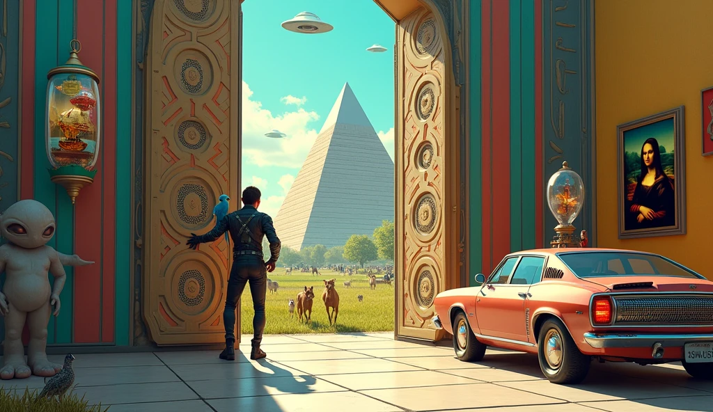 Un homme avec des vêtements futuristes pousse des deux mains des portes futuristes avec des figures géométriques de couleurs différentes sur la porte et devant lui une pyramide avec de l'herbe et des animaux ,le tout ressemblent à la peinture que j'ai publié et un robot et à côté devant une des portes et le personnage caucasien avec un Péroqué sur l'épaule et un aspect baroque est légèrement ajouté une soucoupe volante est ajouté et un extra terrestre petit gris,le personnage se tient droits les jambes légèrement écartées en poussant les portes il y a des mécanismes et horlogerie sur les portes et une voiture ancienne améliorée venus du futur ajouté une grande bouteille d'eau avec un bateau sur l'eau dans la bouteille et des poissons tout les détails son de la description sont dans l'image et n'oublions pas l'eau dans la bouteille avec les poissons avec le tout il faudrait un tableau de la Joconde accroché au mur