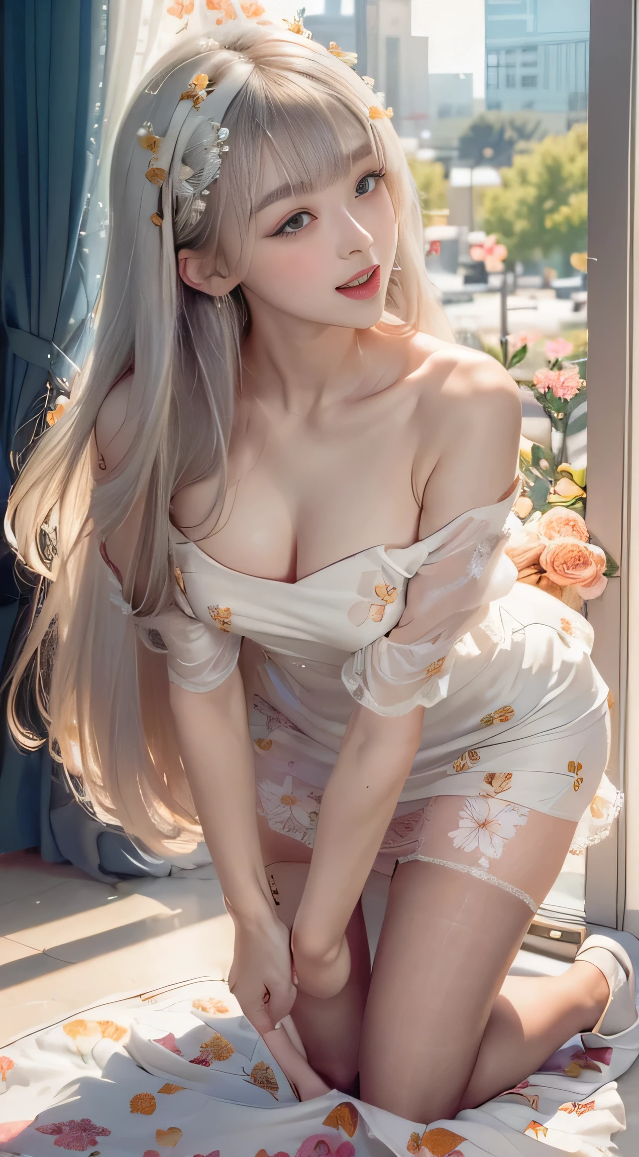 ((Girl getting on all fours in office)),(((posterior view)))、 Silver hair, Bangs, Blunt bangs, Long straight hair, aqua eyes, longeyelashes, Solid Circle Eyes, makeup, Open mouth, blush, Parted lips, Bright pupils, smiley, Seductive smile, glint, surrealism, Modern、Black pantyhose、high-heels、((Pure white dress、Floral dress、、off shoulders、up skirt: 1.6))、Skyscrapers are hazy in the windows、mix4、((Black lace panties))、((stick out buttocks))、Provocative、