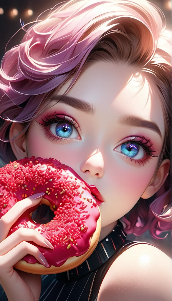 a stylish girl eating a donut, beautiful detailed eyes, beautiful detailed lips, extremely detailed face, long eyelashes, intricate donut texture, glossy donut surface, vibrant berry colors, natural lighting, photorealistic, 8k, (best quality:1.2), hyper detailed, (realistic:1.37), elegant, chic, modern, berry cute, studio lighting, cinematic