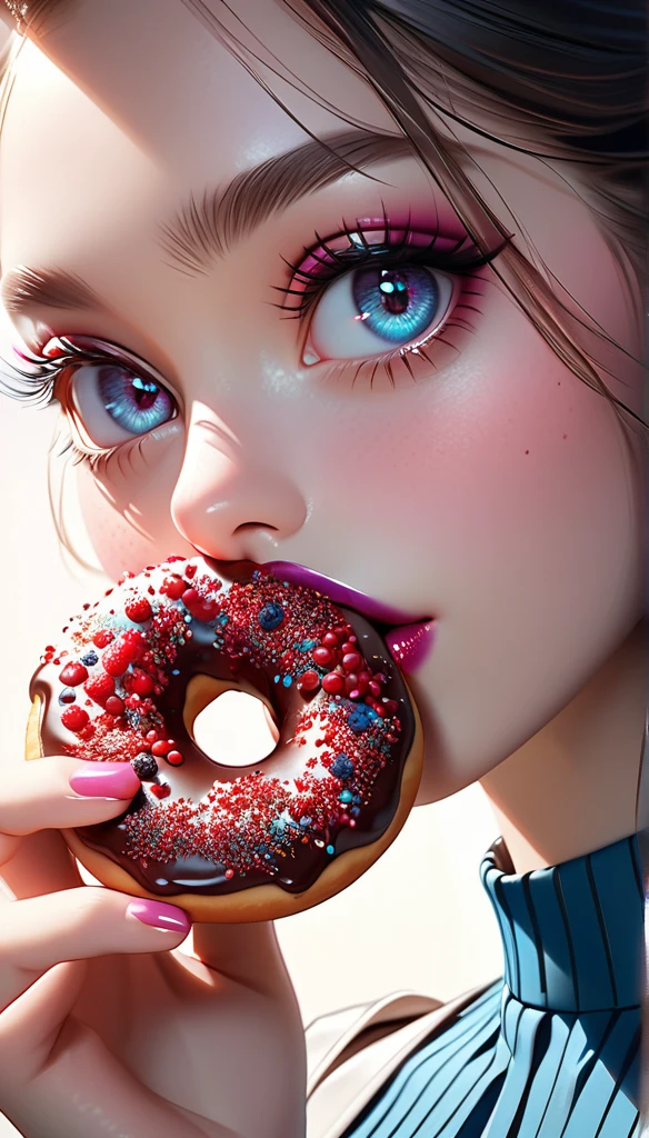 a stylish girl eating a donut, beautiful detailed eyes, beautiful detailed lips, extremely detailed face, long eyelashes, intricate donut texture, glossy donut surface, vibrant berry colors, natural lighting, photorealistic, 8k, (best quality:1.2), hyper detailed, (realistic:1.37), elegant, chic, modern, berry cute, studio lighting, cinematic