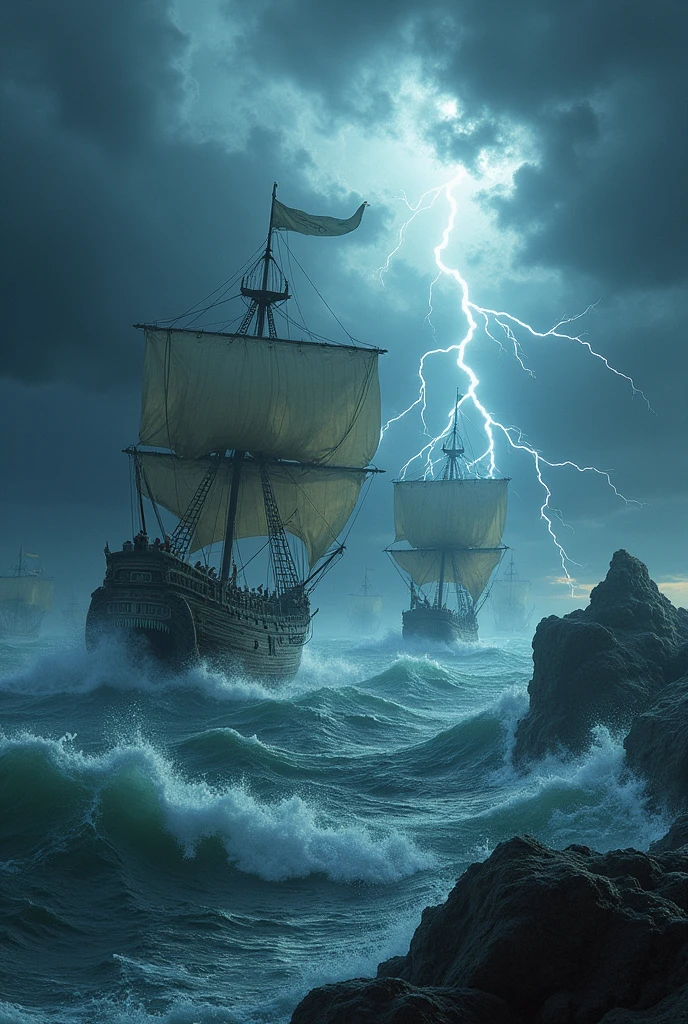 a landscape view of a harsh tempest at ocean, thunders, sea monsters attacking some medieval ships