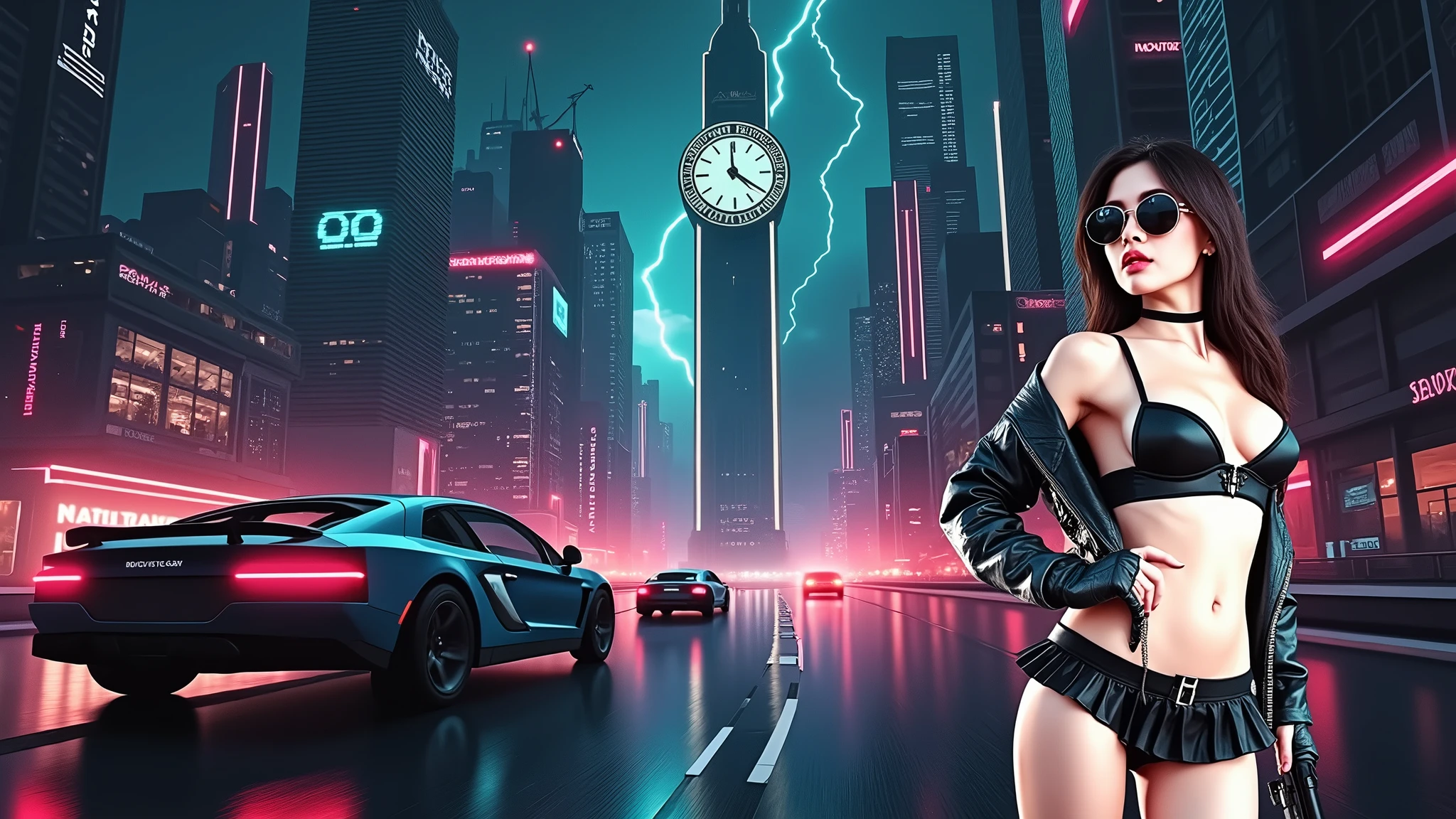 (Wide angle aerial view). At night, simple outlined cyberpunk city, flying cars, all-glass buildings, glowing giant clock tower, lightning, line art background. High-resolution OLED GUI interfaces in the building, The windows are filled with transparent data visualization infographics that show it all, very close-up green glowing cascading code. Colors are saturated and vibrant. At night, (1girl, solo, alone), photorealistic, large-breast slim:0.6 body, oval:0.5 face, black mini bra, cleavage:1.1, deep-v, very low angle view of black pleated miniskirt, white panty, (upskirt), glove, (Matrix style black micro sunglasses), (aiming viewer with a short gun), dynamic running pose, (half-body thigh level close-up shot), cinematic lighting, ray tracing, motion blur background.