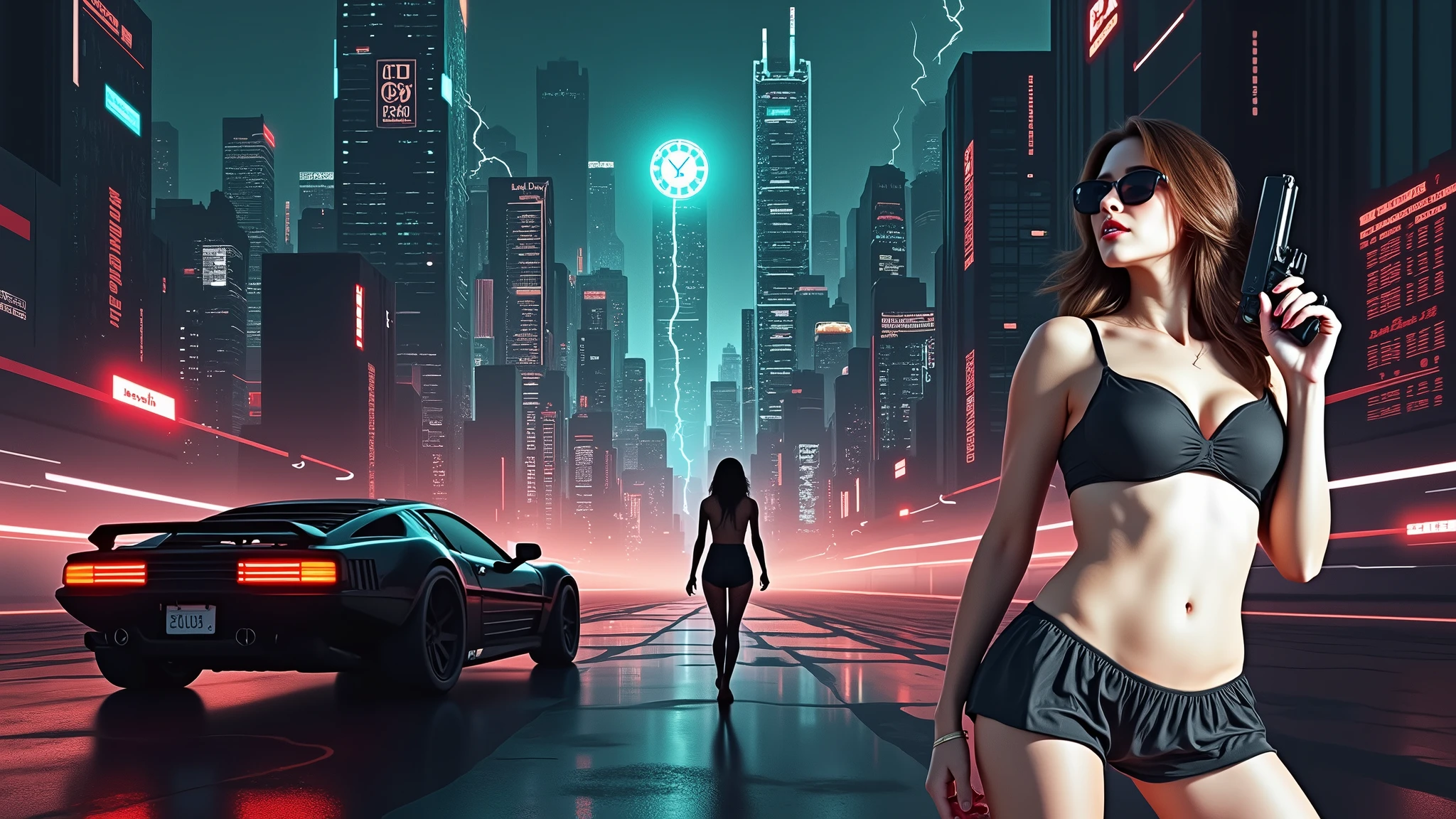 (Wide angle aerial view). At night, simple outlined cyberpunk city, flying cars, all-glass buildings, glowing giant clock tower, lightning, line art background. High-resolution OLED GUI interfaces in the building, The windows are filled with transparent data visualization infographics that show it all, very close-up green glowing cascading code. Colors are saturated and vibrant. At night, (1girl, solo, alone), photorealistic, large-breast slim:0.6 body, oval:0.5 face, black mini bra, cleavage:1.1, deep-v, very low angle view of black pleated miniskirt, white panty, (upskirt), glove, (Matrix style black micro sunglasses), (aiming viewer with a short gun), dynamic running pose, (half-body thigh level close-up shot), cinematic lighting, ray tracing, motion blur background.