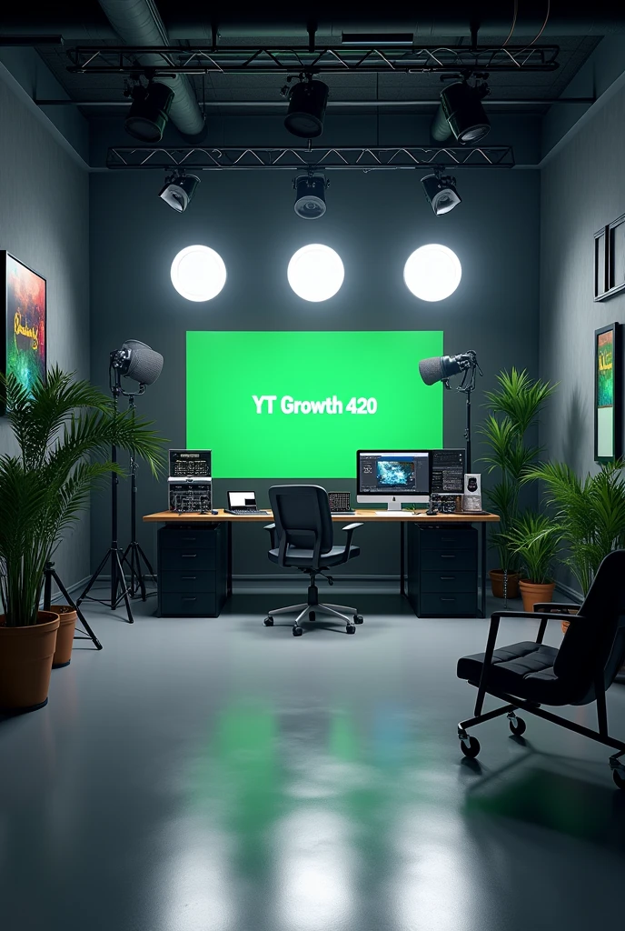 Create a YouTube studio image generator in which there will be a completely professional studio room, the background will be professional Youtuber set up and the name will also be YT Growth 420. Image size YouTube video frame size