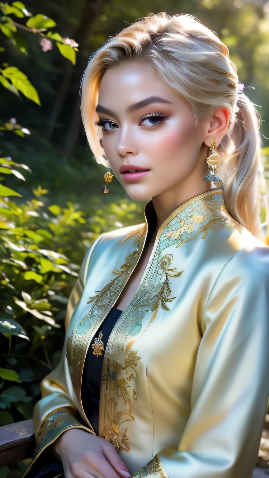 (((masterpiece, Highest quality, High resolution, Attention to detail)))), One, ((Fantasy)))), (A peerless beauty)))), (White short skirt with gold embroidery), (Long blonde ponytail：Dumpling１), (Shiny, dark black eyes), (Green surcoat with gold embroidery), big, (((at night forest)), (Many beautiful flowers are blooming)), Sit in a chair and look here , Particles of light flying､(((Face close-up)))､Face close-up