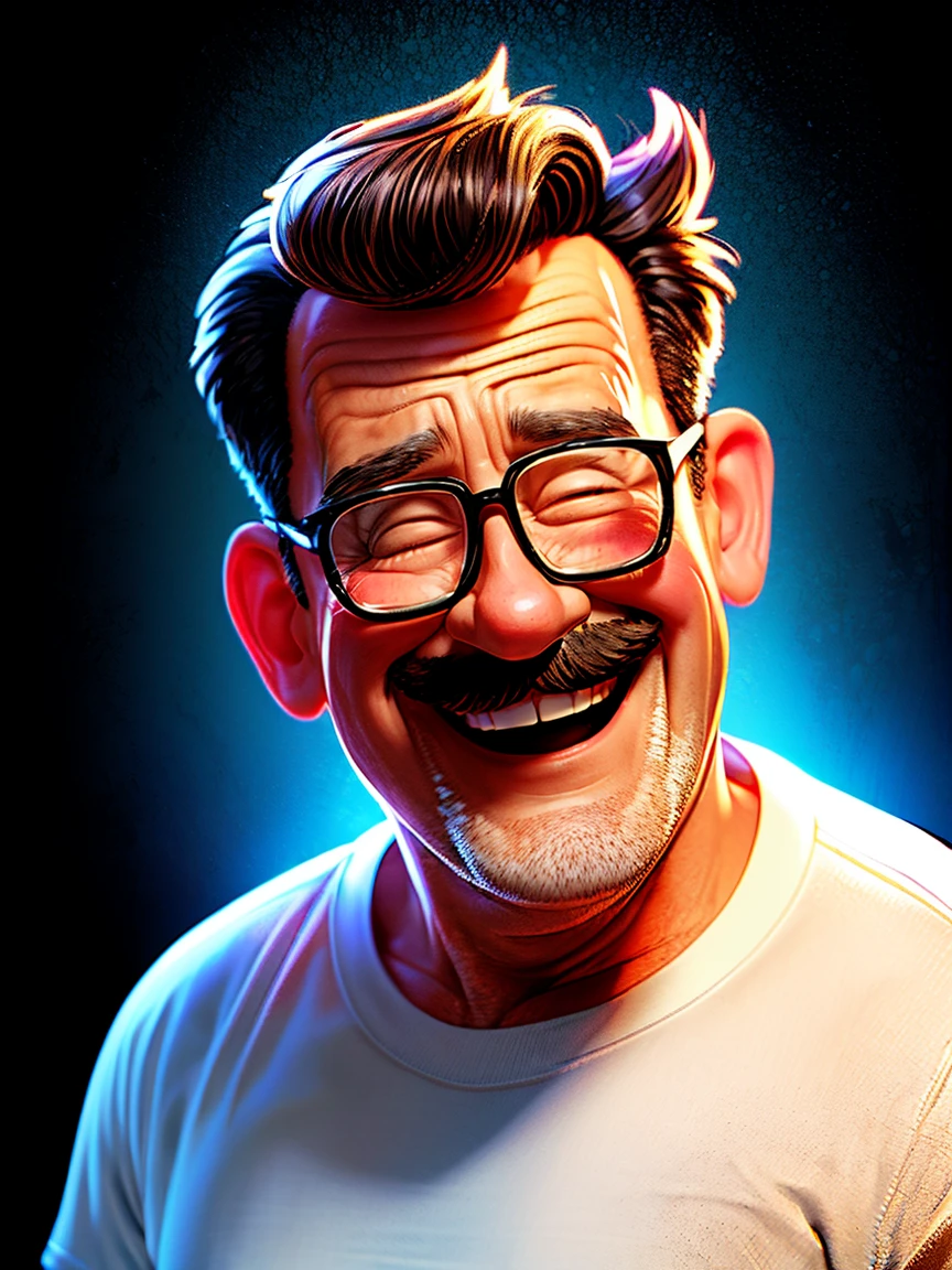 masterpiece, best quality,a middle age man with a mustache and a white shirt is laughing , eye closed, black background