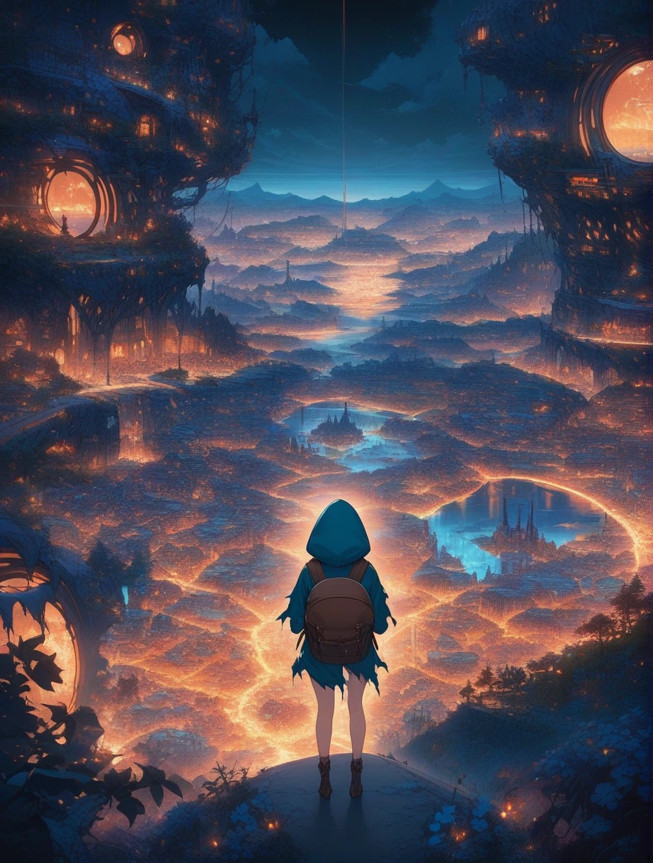score_9, score_8_up, score_7_up, score_anime, masterpiece, top quality, delicate illustration, sharp lines, sharp focus, BREAK, a traveling girl wandering in the endless night world, the girl wears a hood and has a lot of stuff in her backpack, night , fantastic landscape, beautiful scenery, harmony with nature, spectacular view, machine city, (((torn clothes)))