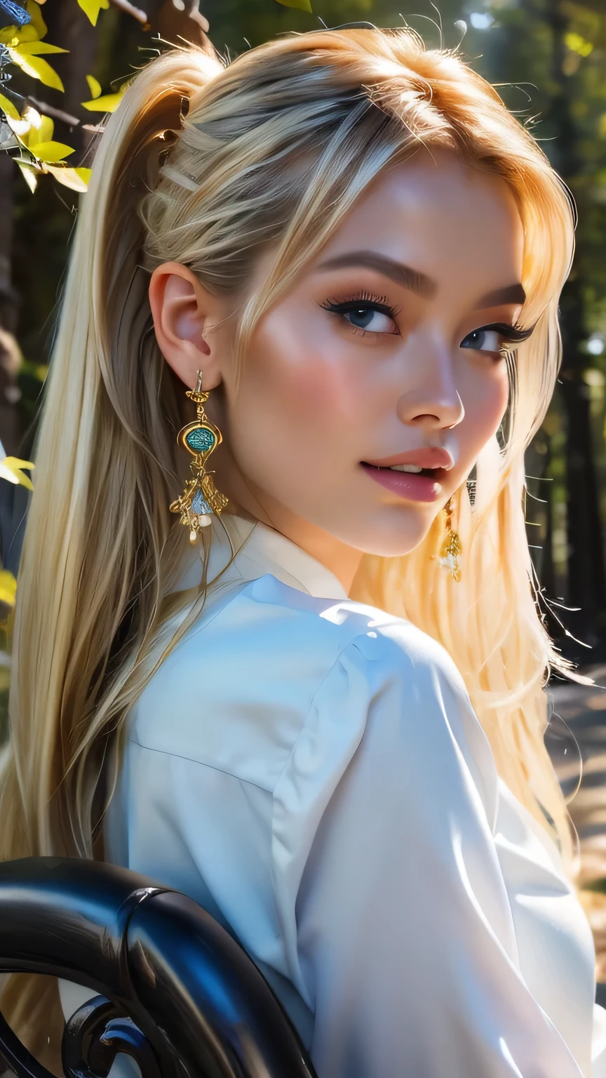 (((masterpiece, Highest quality, High resolution, Attention to detail)))), One, ((Fantasy)))), (A peerless beauty)))), (White short skirt with gold embroidery), (Long blonde ponytail：Dumpling１), (Shiny, dark black eyes), (Green surcoat with gold embroidery), big, (((at night forest)), (Many beautiful flowers are blooming)), Sit in a chair and look here , Particles of light flying､(((Face close-up)))､Face close-up