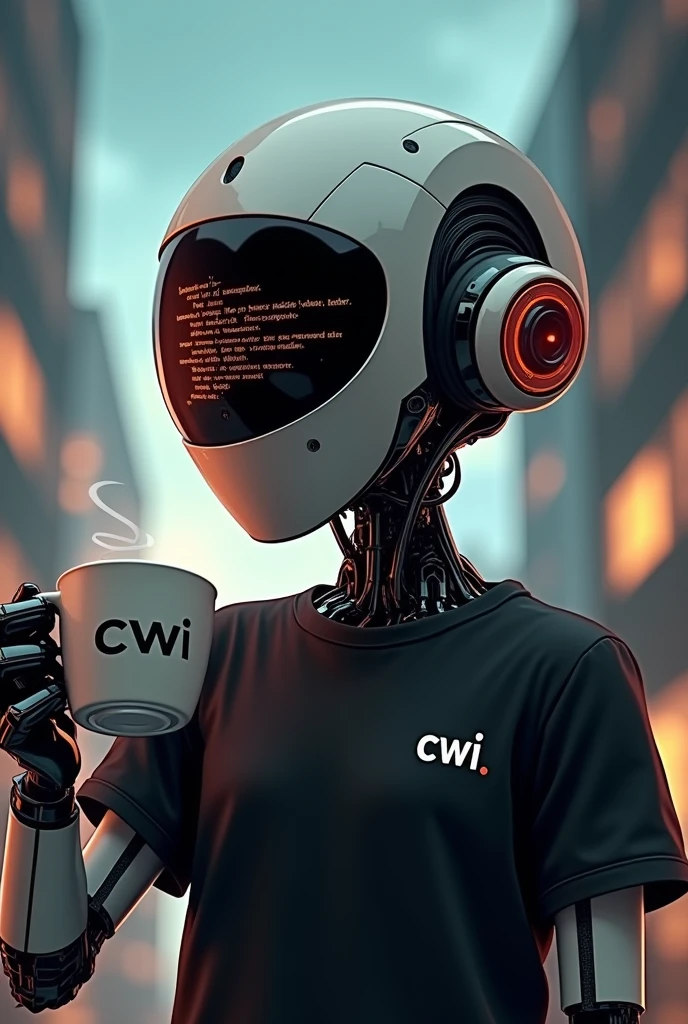 art of an avatar of a code reviewing robot with a cup of coffee and on the cup contains the letters "CWI" as a selfie and a black t-shirt with "CWI" on right side and face like robo with visor reflecting Java code