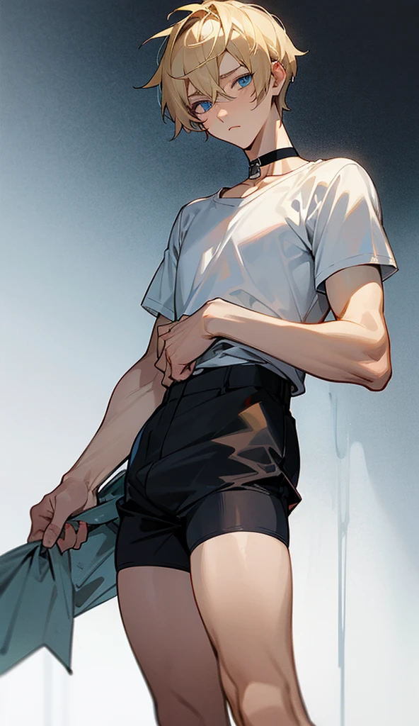Blond male character, semi-realistic anime style with blue eyes, with short hair to one side well combed, his physique is thin femboy type, with an innocent and tired look with slight dark circles under his eyes, his attire is a white t-shirt that falls down one of his shoulders, along with short black shorts, with stockings that reach his thighs, he has a black choker on his neck.