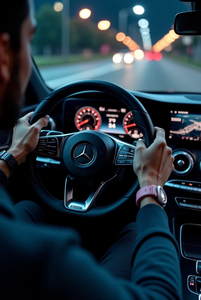 pov someone with an apple watch in a mercedes car focus on the steering wheel on night