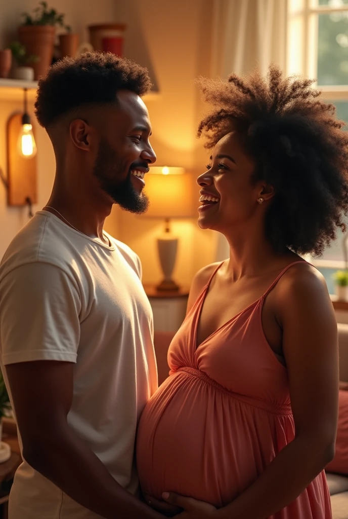 Pregnant black woman laughing with white man
