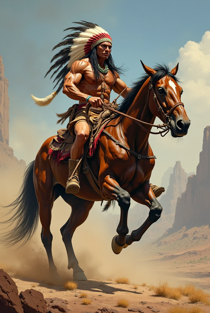 A muscular and warlike Indian with a large, wild horse, with a fighting attitude, Hyperrealistic and Western style of the 19th century from the year 1870