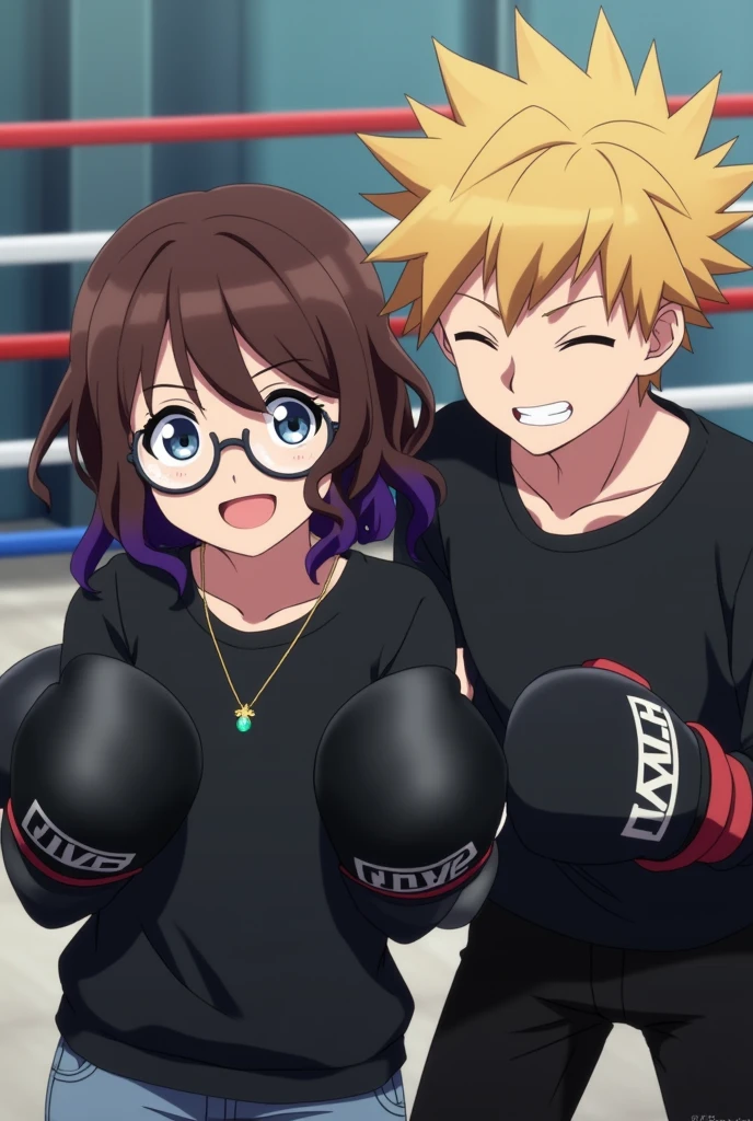 Create an image Screenshot from Boku no hero academia of a teenage girl with wavy brown mid-cut hair and purple streaks with blue, slanted brown eyes, round lenses, happy expression, with a black sweatshirt and black boxing gloves with a delicate gold necklace and a small green stone next to KATSUKI BAKUGOU,man,clear skin,blond hair, short, straight pointed, closed eyes, black t-shirt, black pants and boxing gloves in the background of a ring