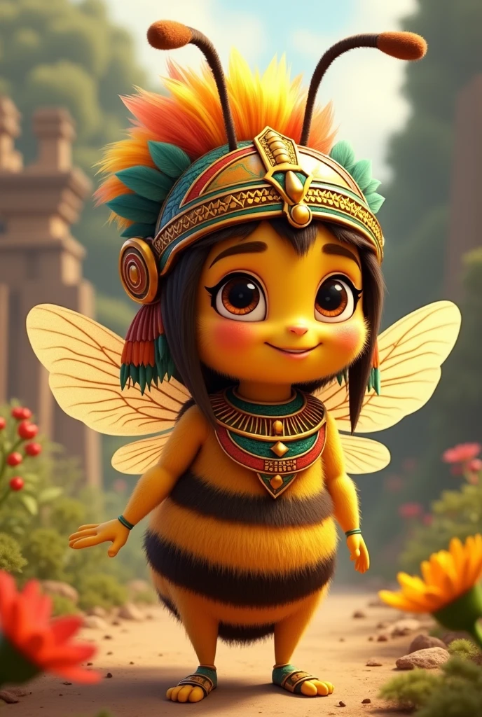 Animated honey bee wearing an Aztec headdress, referring to the beekeeping empire