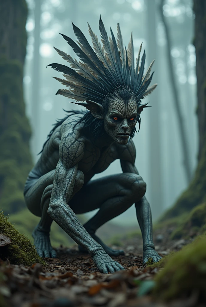 generate a highly detailed and atmospheric scene of a mystical forest create crouching in a Misty woodland setting. creature has an otherworldly appearance, with itricate body pant resembling cracked earth, and wears elaborate feathered adornments including a headdress made of dark and light feathers. the creatures face is partially marks, with sharp, angular features and instance, almoat hunting eyes. the environment around is dense with fog, with tall tress and a Moody, ethereaal ambiance, emphasizing the creatures connection to the mystical forest