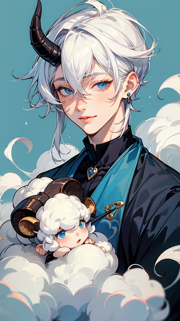 individual, A boy,high resolution, Simple background/No background, Lips slightly open, Sheep horns,Lips slightly open,Aquarius,Tea hair, White hair,Bangs between the eyes, Heart Earrings, Blue Eyes, cartoon, Handsome boy,Highest quality
