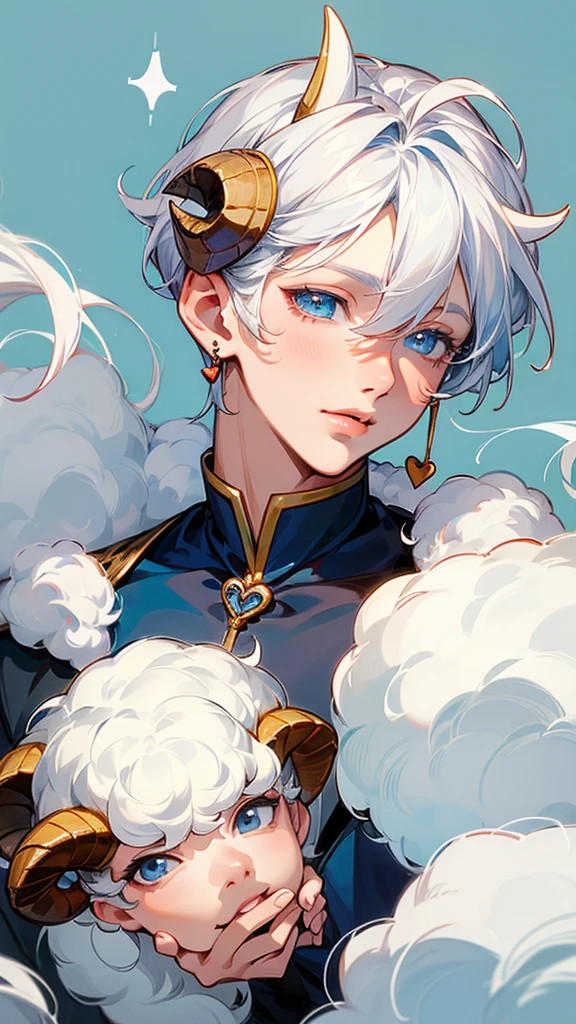 individual, A boy,high resolution, Simple background/No background, Lips slightly open, Sheep horns,Lips slightly open,Aquarius,Tea hair, White hair,Bangs between the eyes, Heart Earrings, Blue Eyes, cartoon, Handsome boy,Highest quality