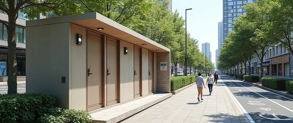 Please help design a rainwater collection toilet on a sidewalk with a bike path.