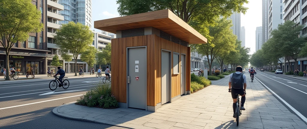 Please help design a rainwater collection toilet on a sidewalk with a bike path.
