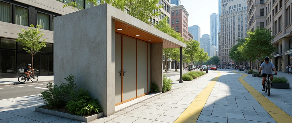 Please help design a rainwater collection toilet on a sidewalk with a bike path.