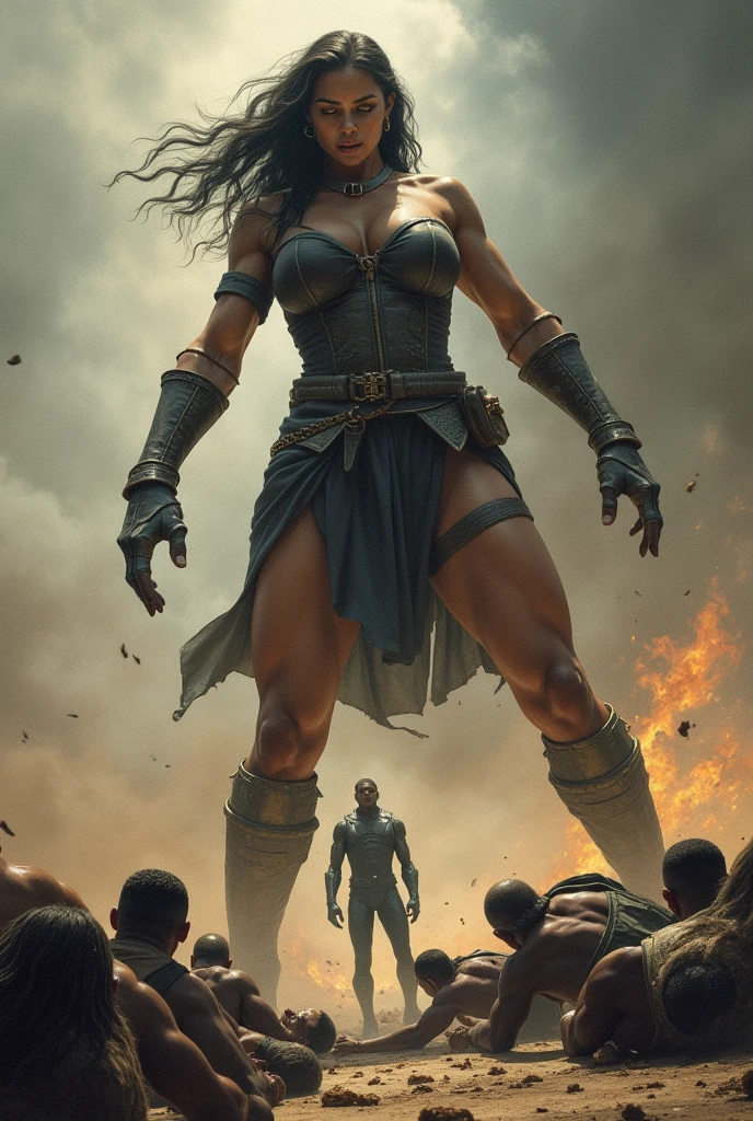 The woman is very tall and very strong. She can easily defeat all 5 men. The men fainted on the ground. The woman knocked out some more men. One of the men was standing.