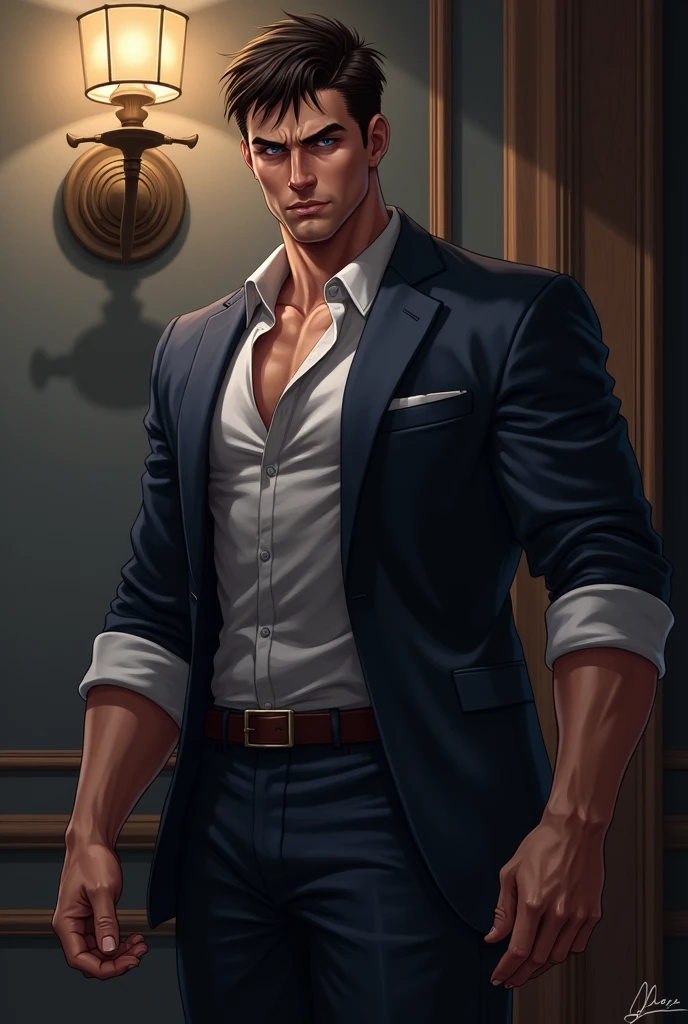 (realistic) 4 man. Hair: short, naturally dark brown. Height: 6'5. Body: he is white, tall and strong. Muscular thighs and arms.
Eyes: grayish blue.
Face: handsome and intimidating.
He is a wealthy yandere stalker