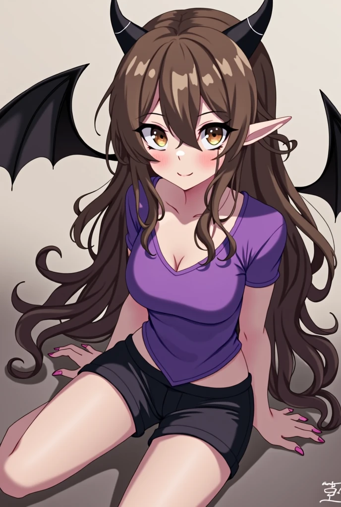 A woman, brown hair cut in layers, Brown eyes, a playful expression, A purple top and black shorts arrive, It has horns and small black wings., is sitting