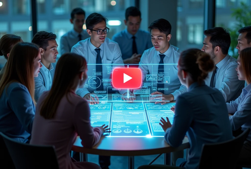 A group of people around a hologram representing YouTube, people are looking at the hologram, people are men and women, They are wearing formal clothes with a loose collar and a slightly open tie.people are communicating through speech