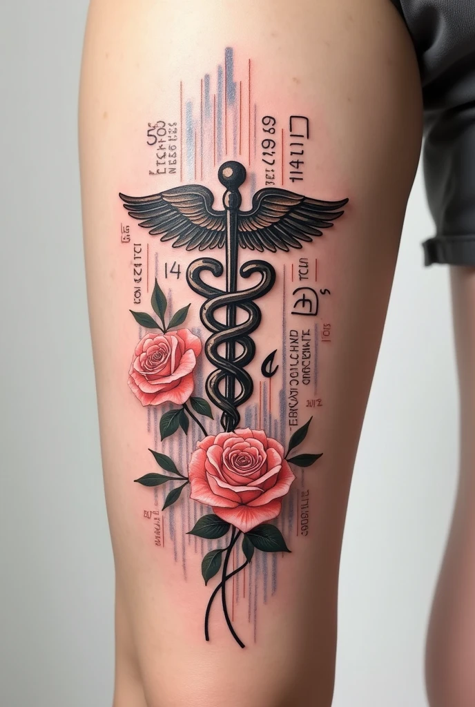 Tattoo combining accounting sciences using CADUCEU with delicate colored lines, with some roses 