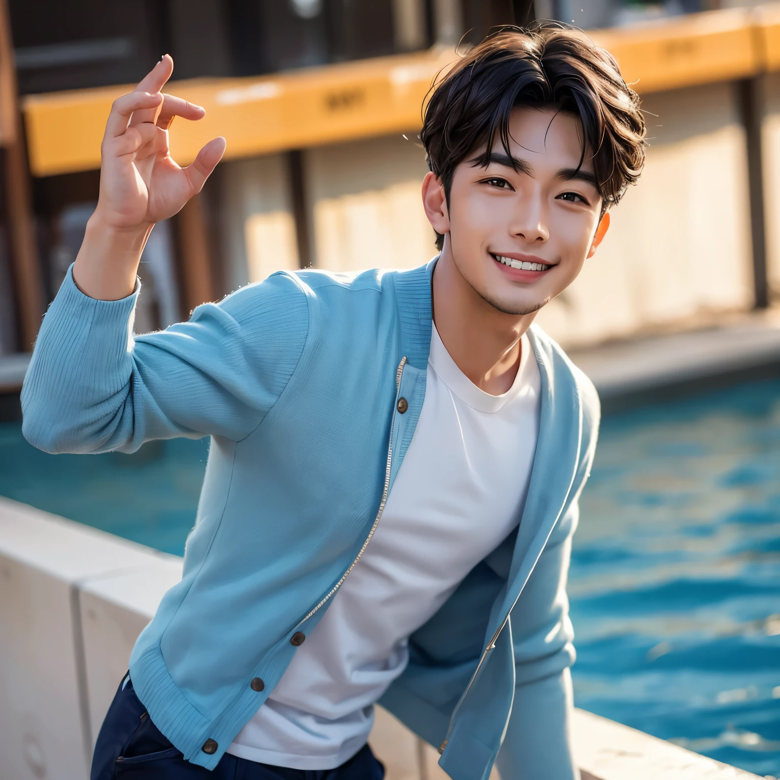 Young man in his 30s,Bright smile,Refreshed face,Facing forward,