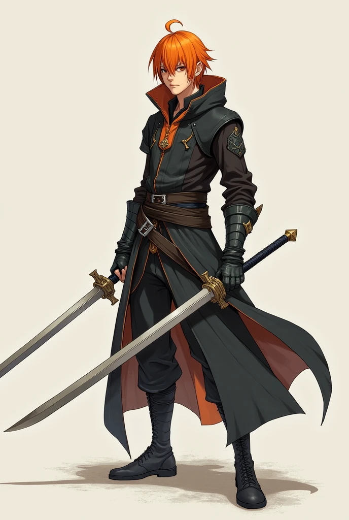 rogue ,Smooth orange hair、 two-handed sword、 Raise the middle of the bangs. Simple Sword 、 full figure、 double-edged straight sword
、male