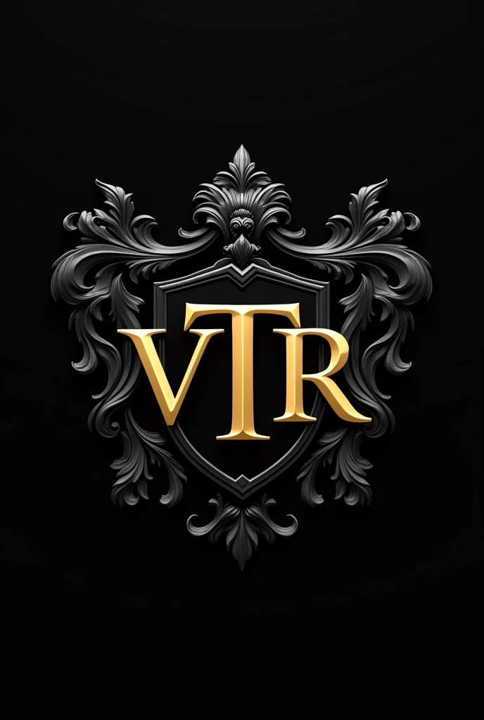 Generate a company logo with the letters vtr in gold and a black coat of arms background