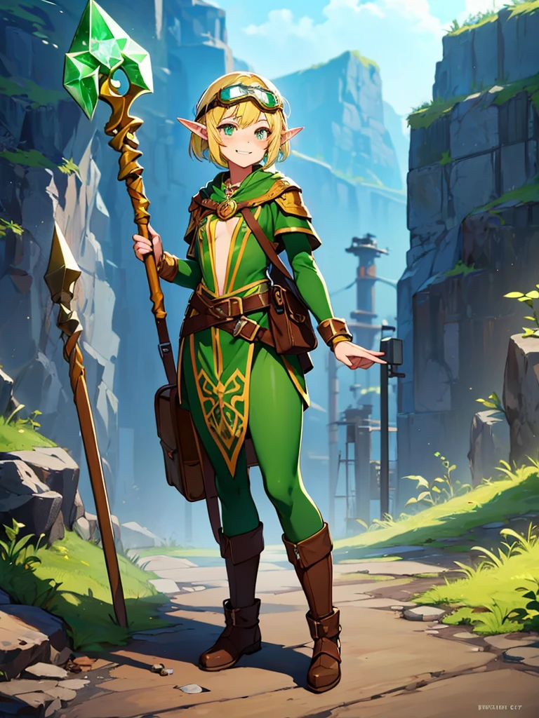 Teenage girl. She's an elf. Fantasy village. Work as a miner. Miner. Sexy green fantasy outfit. Fantasy mining outfit. Flat chest. Blonde hair. At the mining site. Mining equipment. Pickaxe. Goggles on the head. Bag of crystals. Beautiful teenage face. Cute smile. Full body image