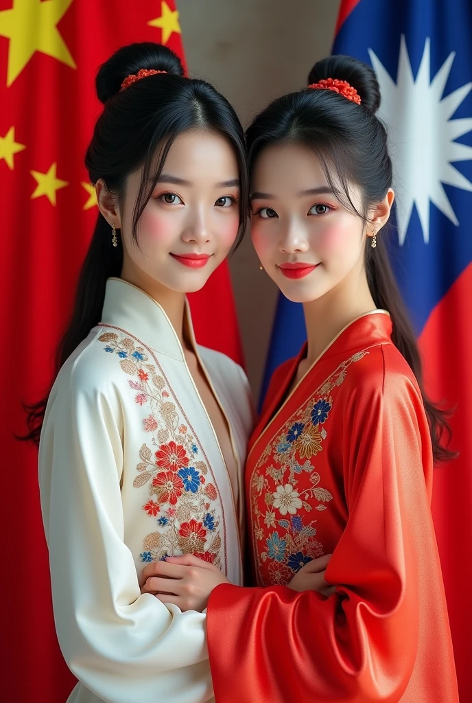 Two beautiful young women, one Chinese and one Taiwanese, wearing Chinese and Taiwanese national costumes, pose for a photo, smiling beautifully, with the Chinese and Taiwanese flags as the background.