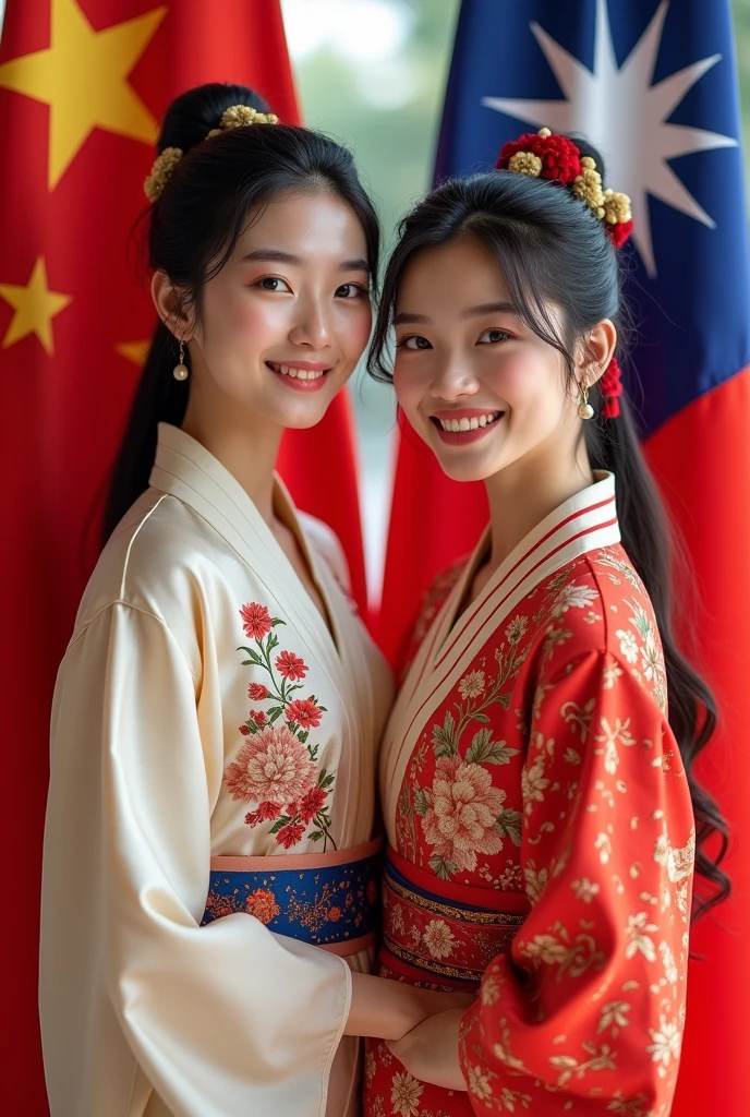 Two beautiful young women, one Chinese and one Taiwanese, wearing Chinese and Taiwanese national costumes, pose for a photo, smiling beautifully, with the Chinese and Taiwanese flags as the background.
