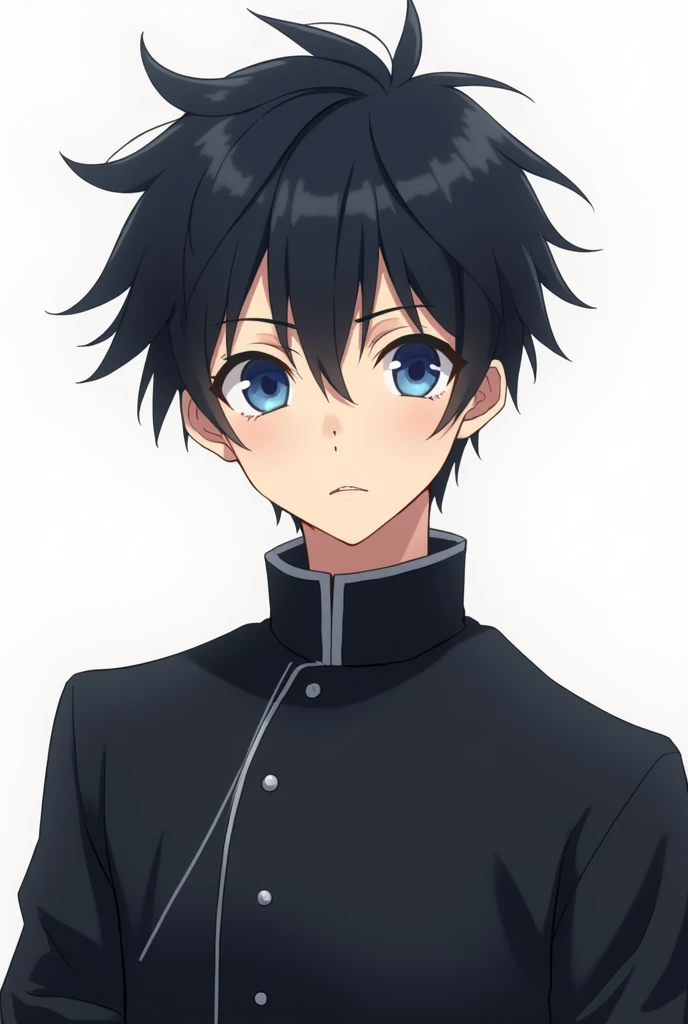 Young man with messy black hair and spiky locks, Big blue eyes with a penetrating and serious look, light skin and neutral expression. He wears a black Japanese school uniform with a high collar. (gakuran). the background is white, with light shading on her face and neck that highlights her facial structure in manga style.