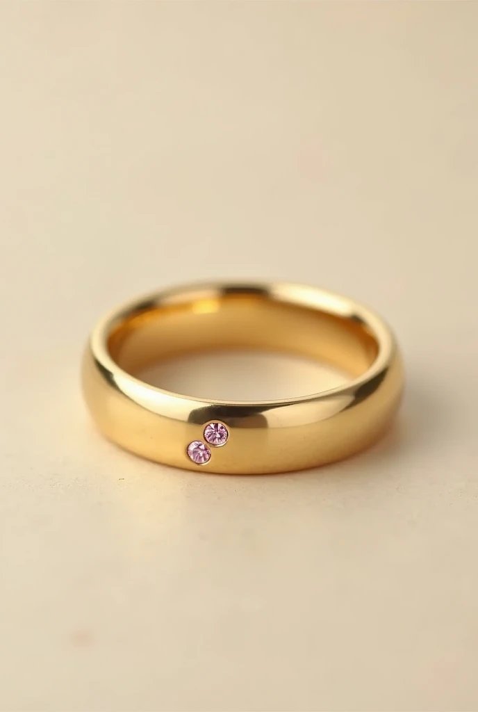create a traditional concave gold wedding ring with pink diamond chips centered 4 mm wide. leave only 5 centralized stones, make it wider and make it smoother