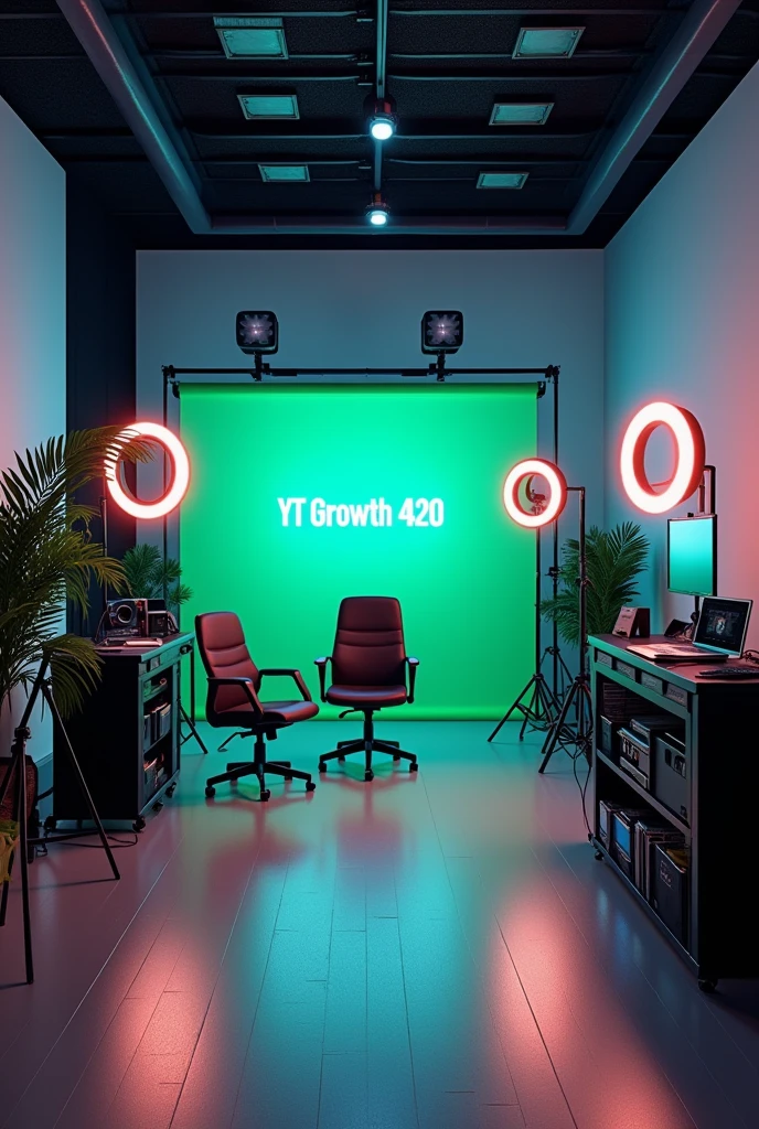 Create a YouTube studio image generator in which there will be a completely professional studio room, the background will be professional Youtuber set up and the name will also be YT Growth 420. Image size YouTube video frame size