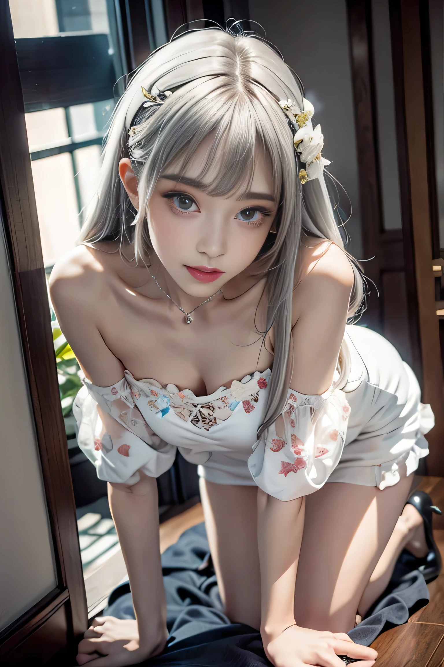 ((Girl getting on all fours in office)),(((posterior view)))、 Silver hair, Bangs, Blunt bangs, Long straight hair, aqua eyes, longeyelashes, Solid Circle Eyes, makeup, Open mouth, blush, Parted lips, Bright pupils, smiley, Seductive smile, glint, surrealism, Modern、Black pantyhose、high-heels、((Pure white dress、Floral dress、、off shoulders、up skirt: 1.6))、Skyscrapers are hazy in the windows、mix4、((Black lace panties))、((stick out buttocks))、Provocative、